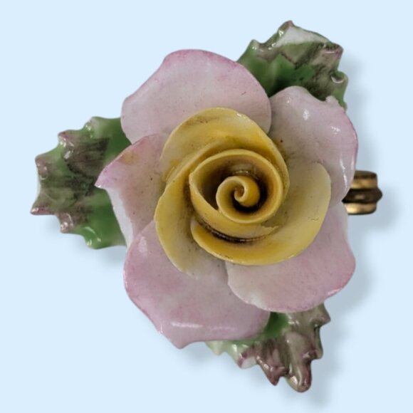 (2/$20) Vintage Pink & Yellow Porcelain Floral Brooch - Picture 1 of 6